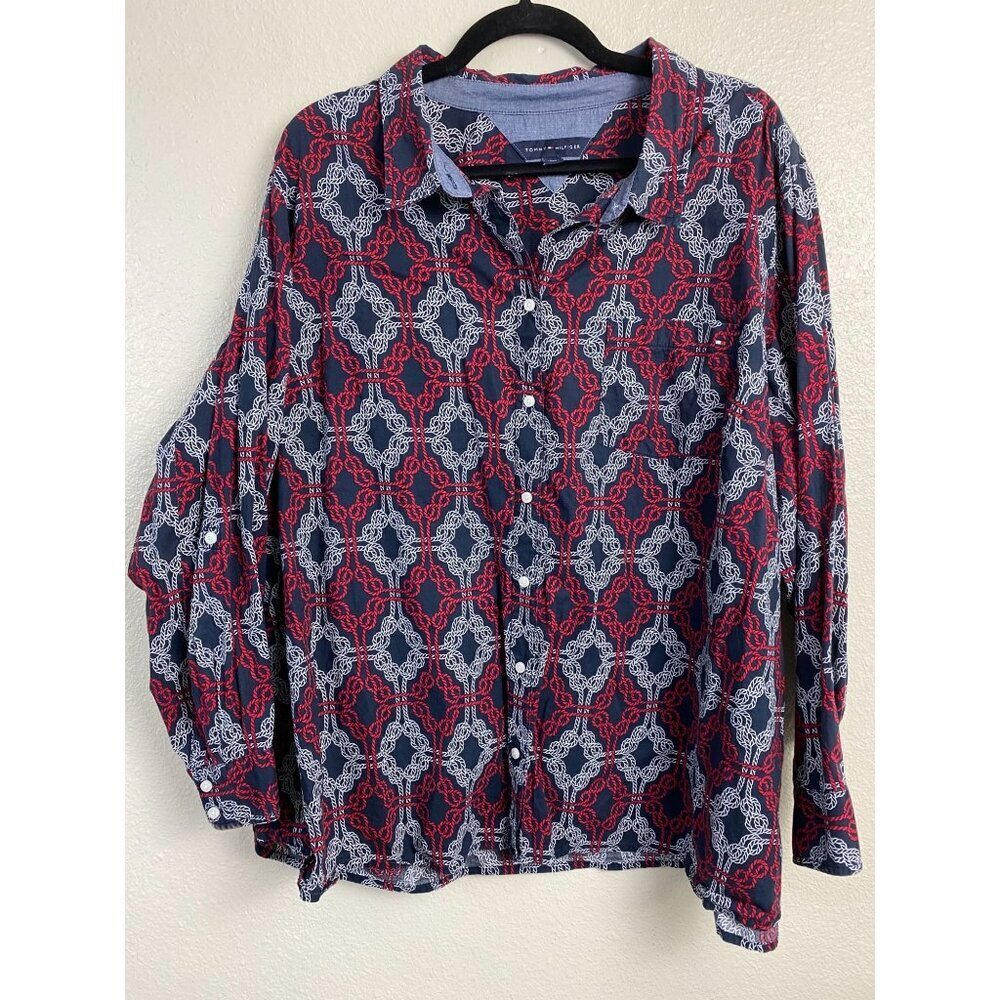 Tommy Hilfiger Greek Knot Tile Button Up Shirt Womens Plus size 2X Red Blue